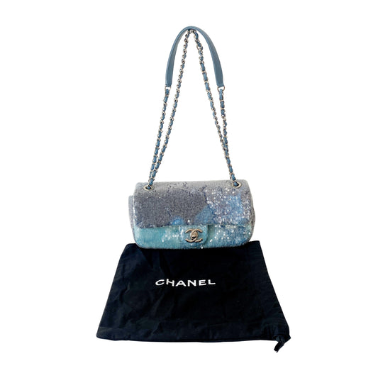 Waterfall Timeless Classic Single Flap Blue Sequin Bag