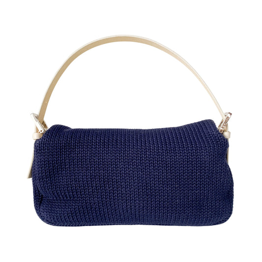 Baguette Navy Blue Wool with White Handle and Logo Shoulder Bag