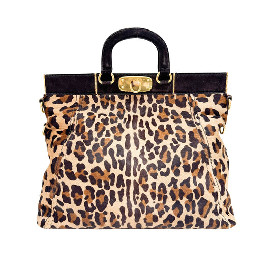 Brown Leopard Print Pony Hair Two Way Bag