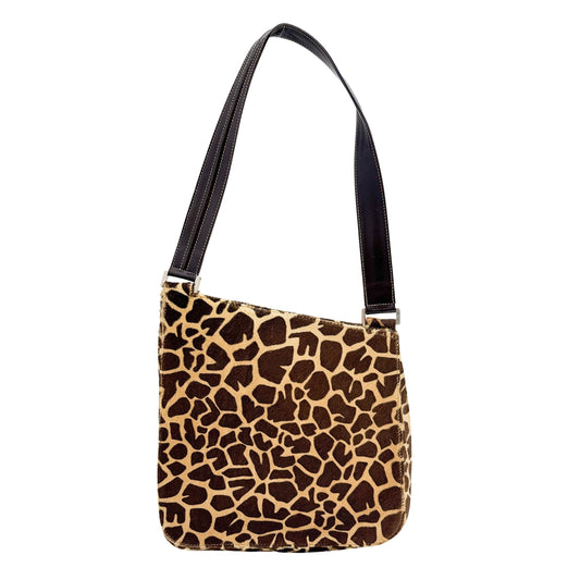 Asymmetrical Brown Giraffe Print Pony Hair Shoulder Bag