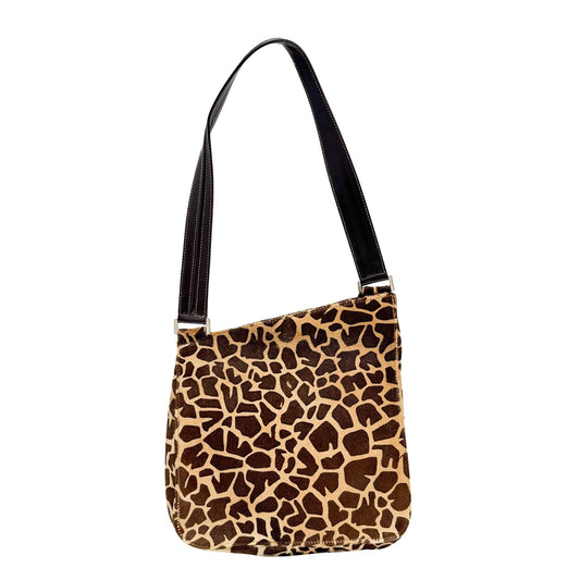 Asymmetrical Brown Giraffe Print Pony Hair Shoulder Bag