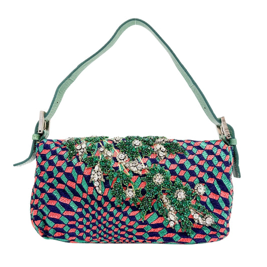 Baguette Bejeweled Embroidery Multi-Color Canvas Shoulder Bag