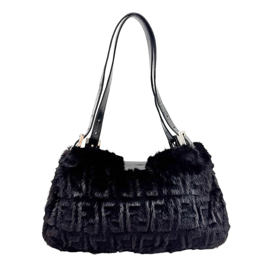 Baguette Black Zucca Canvas Fur Shoulder Bag