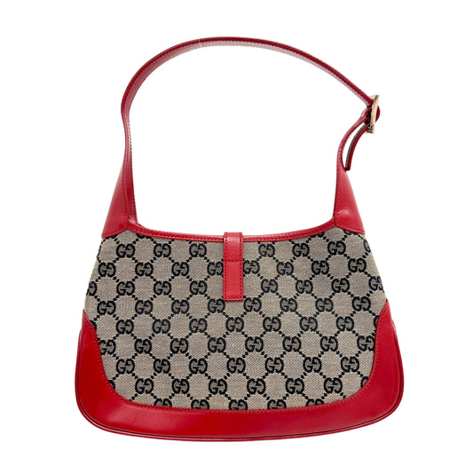 Jackie Red Leather Trim Brown GG Canvas Shoulder Bag