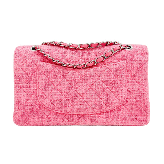Classic Double Flap with Foam Flowers Metalasse Pink Tweed Shoulder Bag