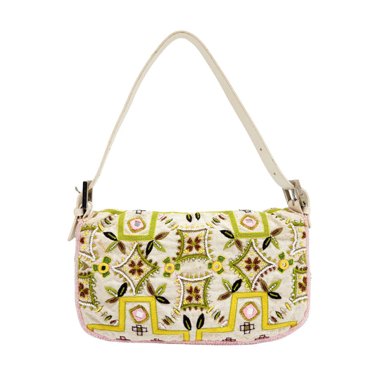 Baguette Embroidered Mirror Fringe Cream Shoulder Bag