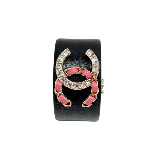 Gold Rhinestone and Pink Chained Logo Black Leather Bracelet