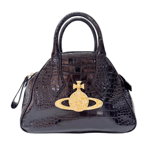 Black Embossed Croc Leather Handbag