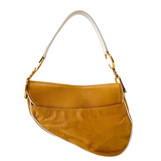 Saddle Caramel Brown Leather with White Details Handle Bag