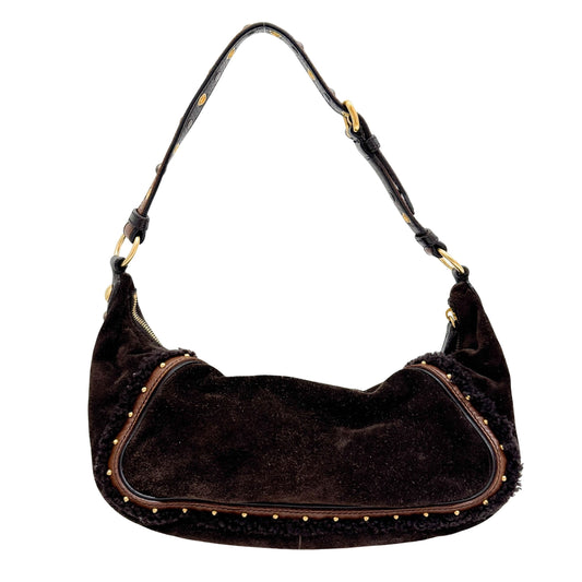 Studded Fur Trim Brown Suede Shoulder Bag