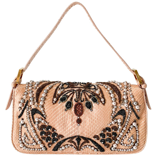 Baguette Pink Leather Embroidery Shoulder Bag