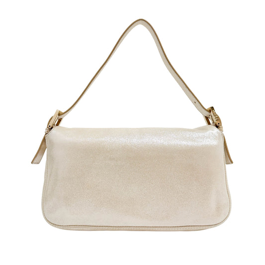 Baguette Rhinestone Buckle Beige Leather Shoulder Bag