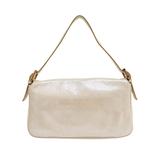 Baguette Rhinestone Buckle Beige Leather Shoulder Bag