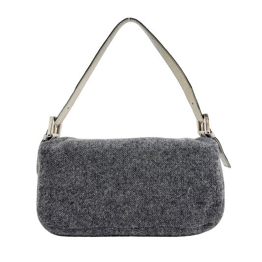 Baguette Rhinestone Buckle Knit Gray Wool Shoulder Bag