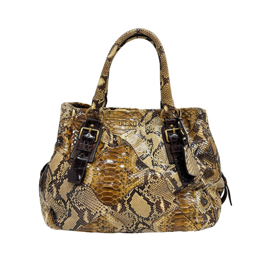 Patchwork Brown Python Print Embossed Leather Shoulder Bag