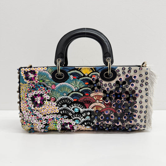 Lady D-Joy Leopard Print Fur Strap Embellished Multicolor Canvas Two Way Bag