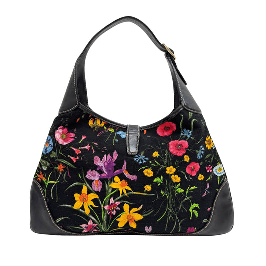 Jackie Black Floral Print Canvas Shoulder Bag