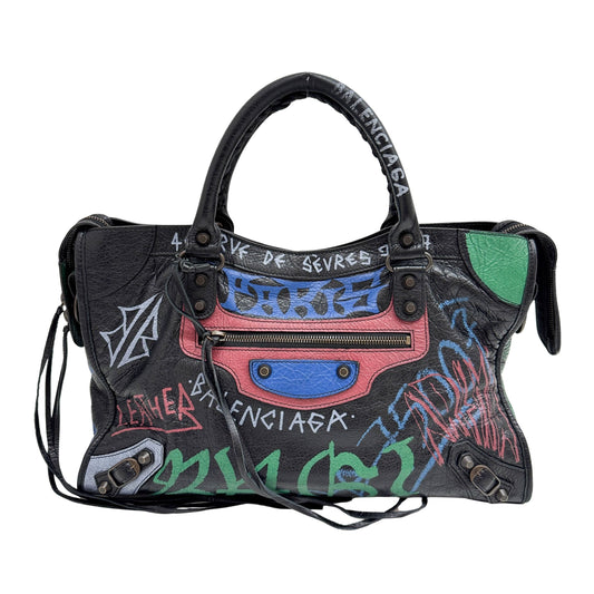 The City Graffiti Black Leather Two Way Bag
