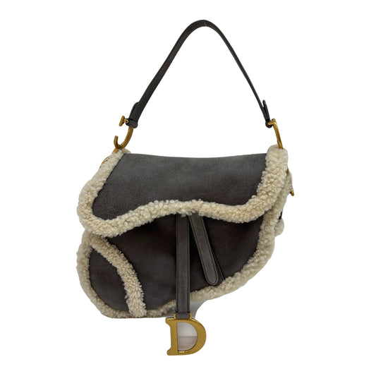 Sddle Shearling Trim Gray Suede Shoulder Bag