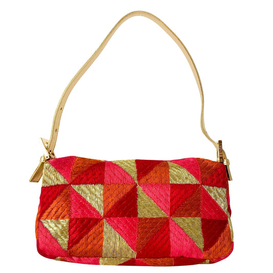 Baguette Patchwork Gold/ Pink/ Orange/ Red Embroidered Silk Gold Hardware Shoulder Bag