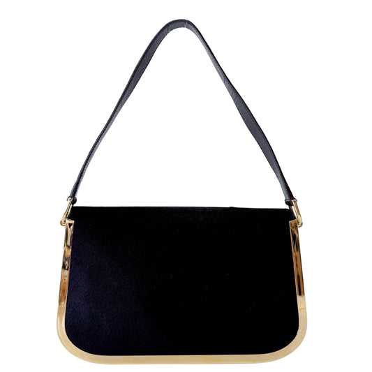 Black Pony Hair with Gold Frame Flap Bag