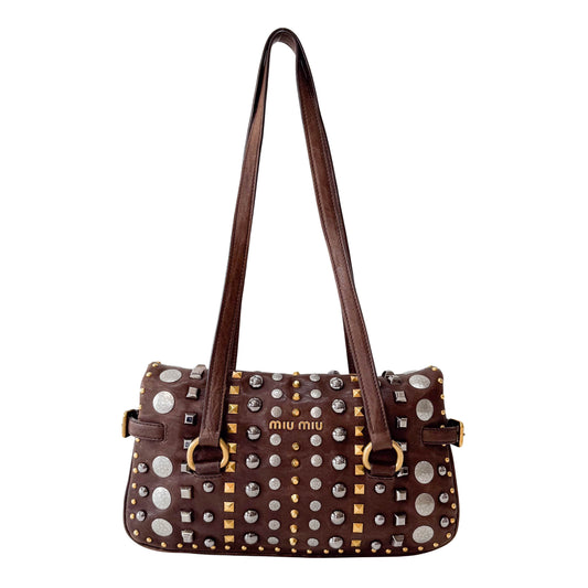 Brown Leather with Metal Studs Apliccation Bag