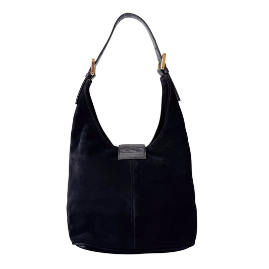 Black Suede Red FF Buckle Hobo Bag