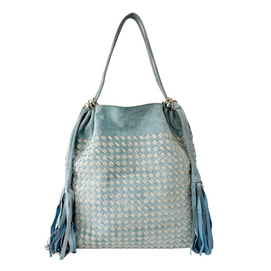 Intrecciato Lace Detail Blue Suede Bag