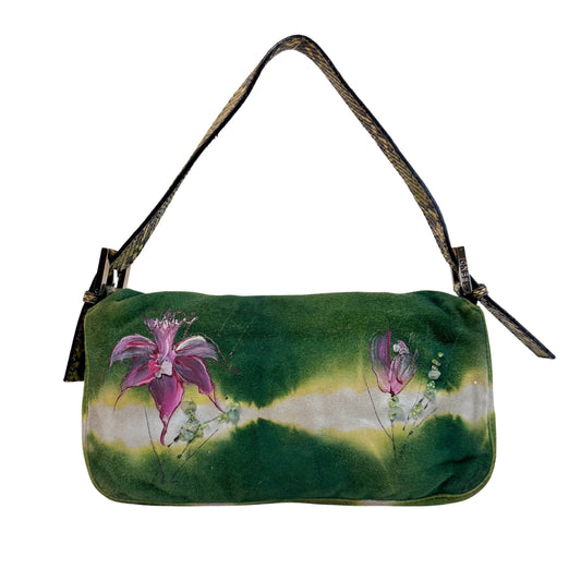 Baguette Green Suede Flower Design Shoulder Bag