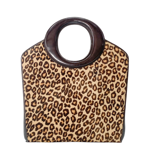 Leopard Print Pony Hair Brown "O" Handle Bag