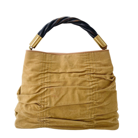 Khaki Brown Cotton Canvas with Interwined Wood Handle Bag