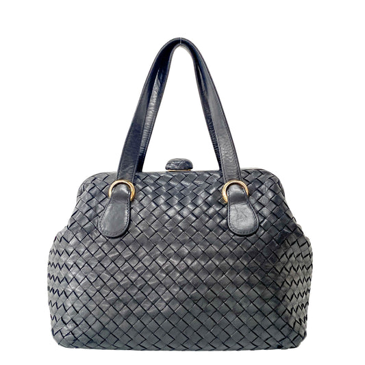 Intrecciato Black Leather Top Handle Bag