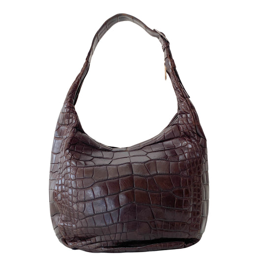 Croc Embossed Brown Leather Hobo Shoulder Bag