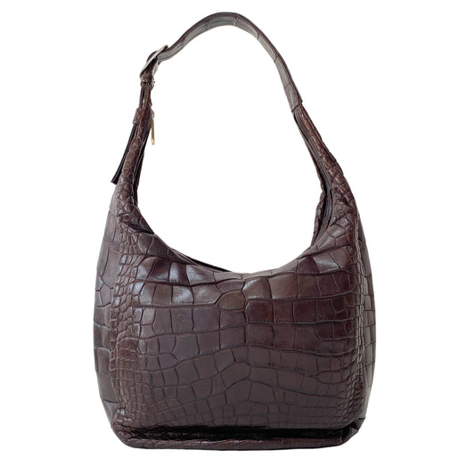 Croc Embossed Brown Leather Hobo Shoulder Bag