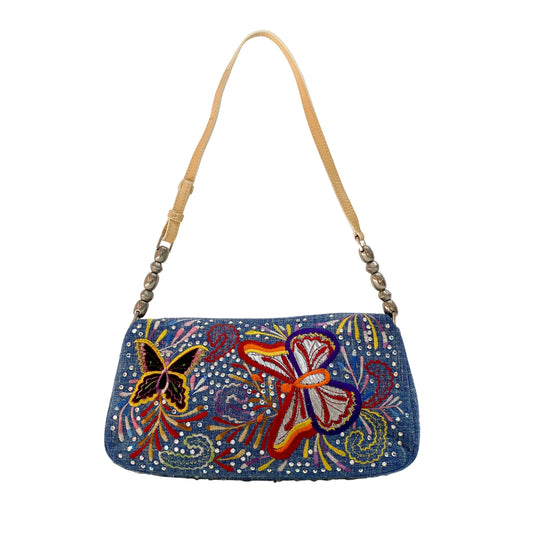 Malice Pearl Butterfly Denim and Rhinestones Bag