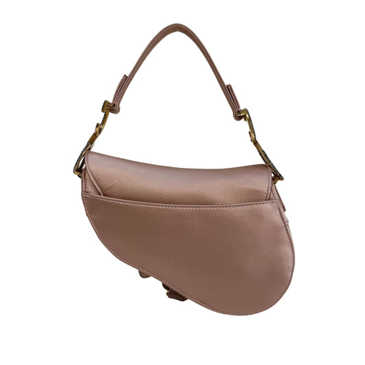 Mini Saddle Pink Satin Shoulder Bag with Rhinestone Hardware