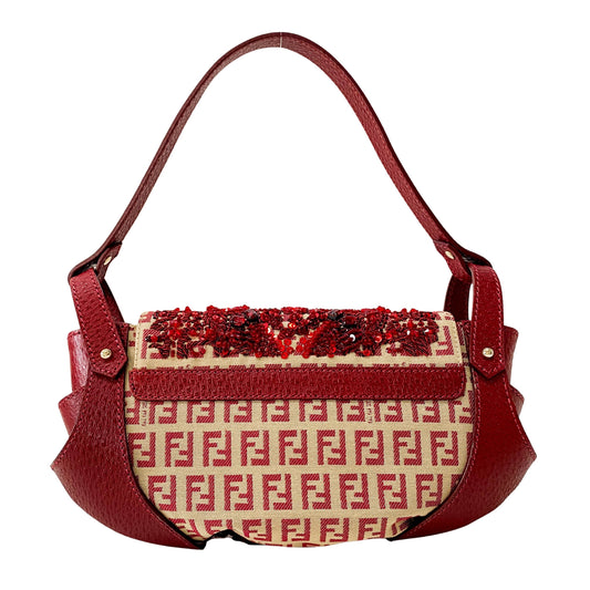 Zucca Red Leather & Canvas Embroidered Beaded Bag