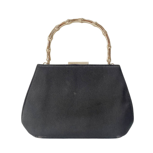 Bamboo Metal Handle Black Satin Bag