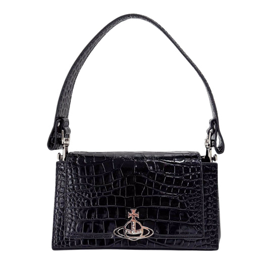 Black Croc Embossed Leather Shoulder Bag