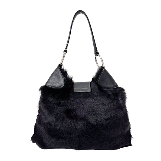 Black Fur with Leather Buckle Shoulder Bag