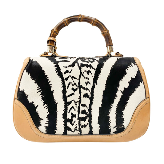 Brown Leather Zebra Print Bamboo Top Handle Bag