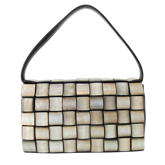 Black Leather Embroided Squares Shoulder Bag