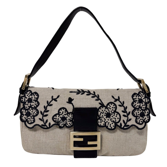 Baguette Raffia Flower Embroidered Shoulder Bag