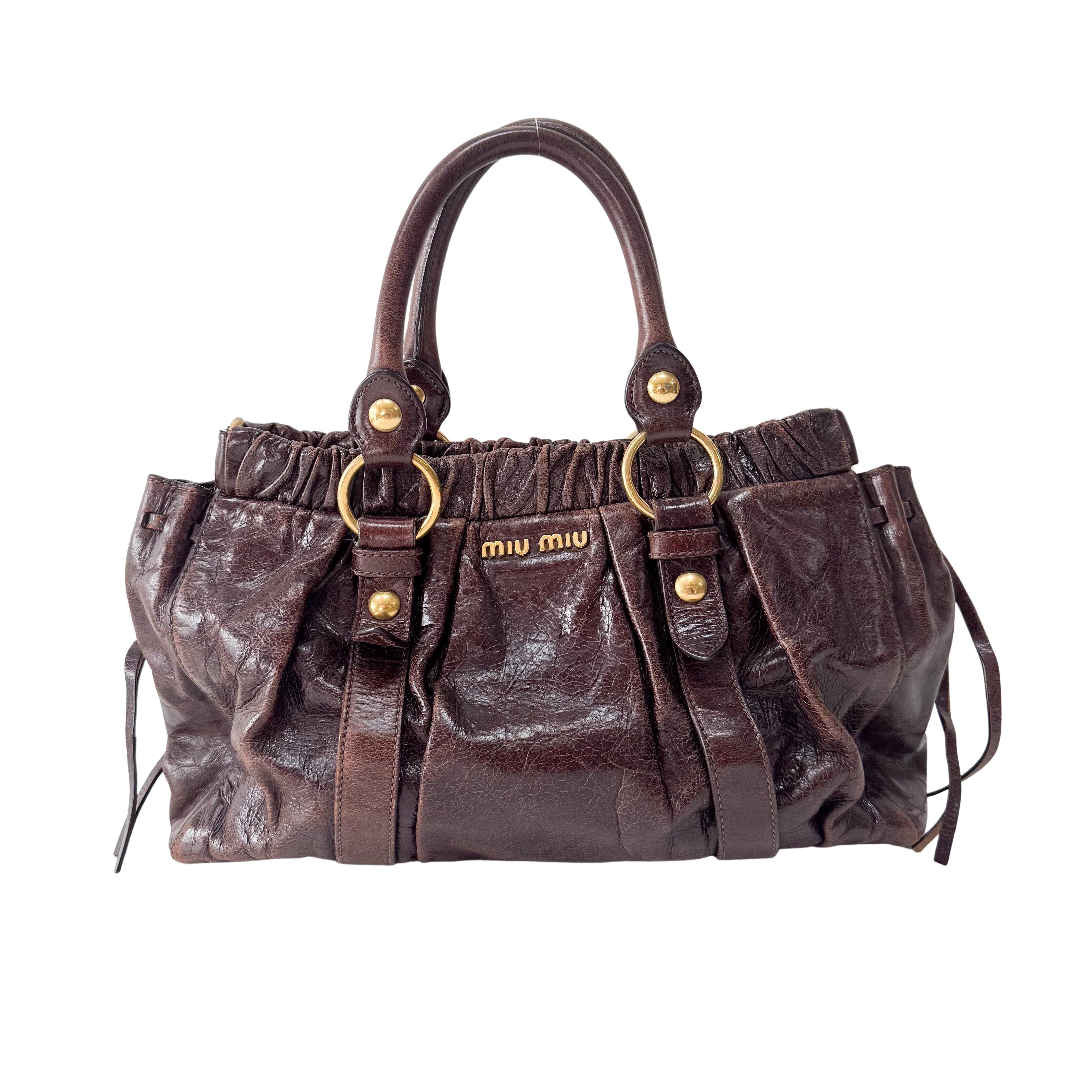 バッグ miu miu vitello lux 2way bag dark brown MIU MIU Vitello Brown Calfskin Leather Two Way Bag – HIVE