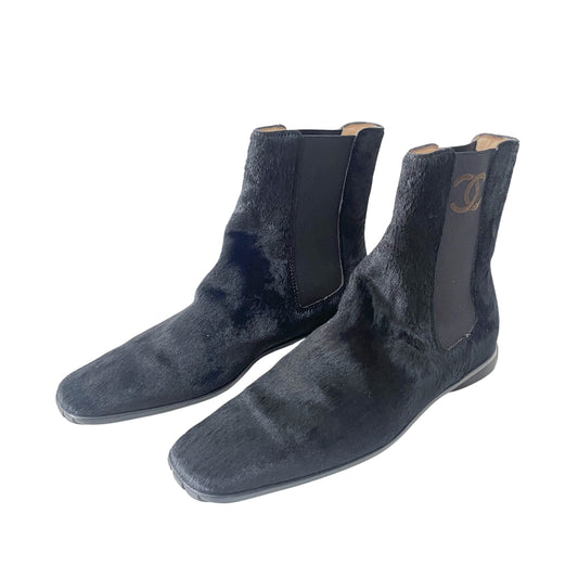 Chanel Size 37 Black Pony Hair Ankle Boots