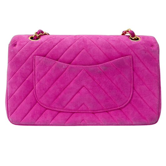 Chevron Double Flap Pink Suede Bag