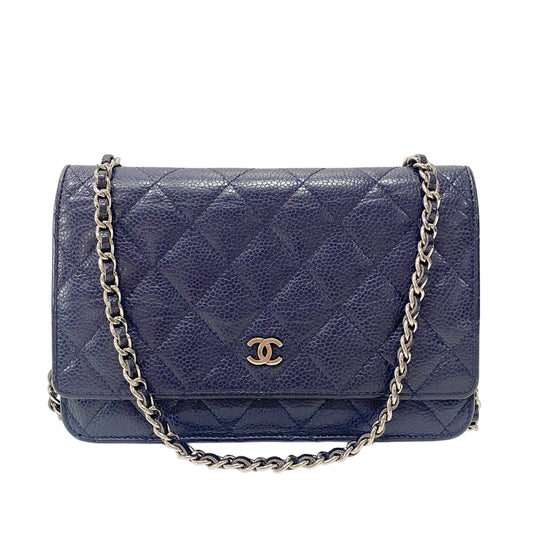 Matelassé Navy Leather Chain Pouch