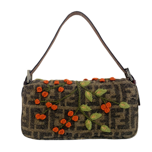 Baguette Zucca Wool Flower Embroidered Shoulder Bag