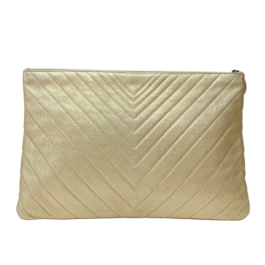 Gold Chevron V Stitch Leather Clutch Bag