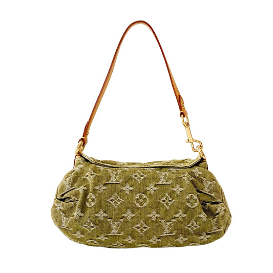 Pleaty Mini Green Monogram Denim Shoulder Bag